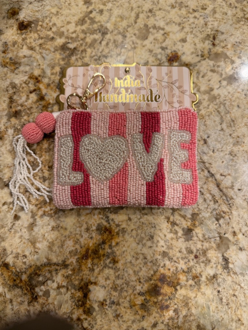 India Handmade Beaded LOVE Coin Purse - Pink Stripes